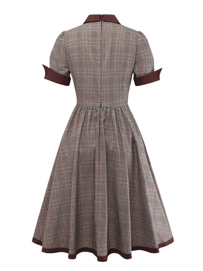 Brown 1950s Lapel Plaid Bow Dress - vintage dress, retro fashion, rockabilly