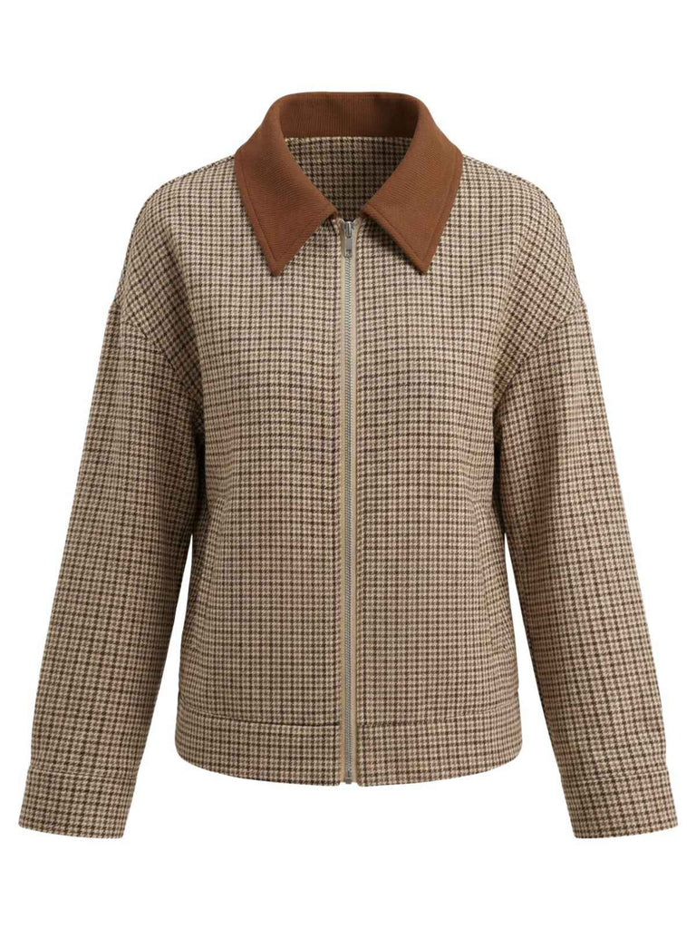 Brown 1950s Lapel Plaid Zipper Jacket - vintage fashion, retro style