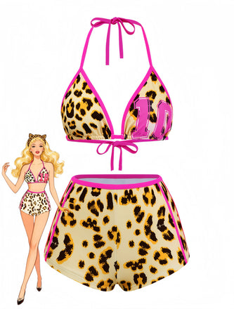 Brown 1950s Leopard Halter Colorblock Tankini Set, vintage fashion, retro style - perfect for women who love vintage and retro fashion