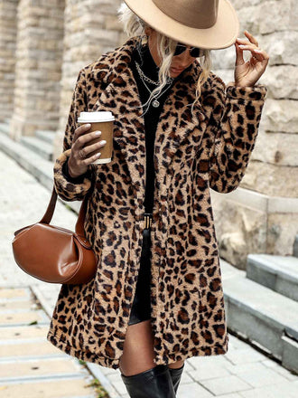 Brown 1950s Leopard Lapel Faux-Wool Coat - vintage fashion, retro style