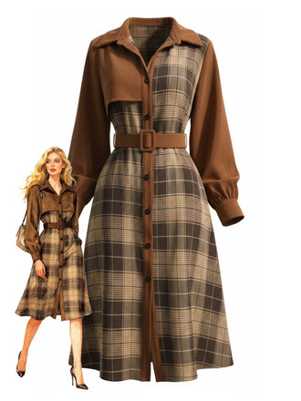 Brown 1950s Plaid Corduroy Shirt Collar Dress - vintage dress, retro fashion, rockabilly