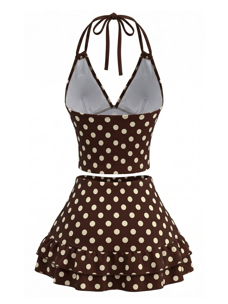 Brown-1950s-Polka-Dot-Halter-Ruffle-Swimsuit, vintage, retro, swimwear