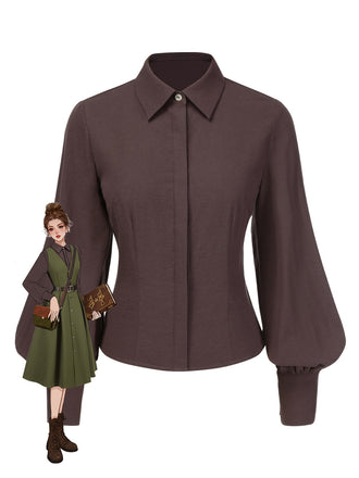 Brown 1950s Solid Lantern Sleeve Lapel Blouse, vintage top, retro blouse - perfect for women who love vintage and retro fashion
