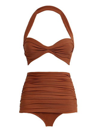 She's wearing Brown 1950s Solid Mesh Halter Swimsuit and the whole beach remembers the 1950s