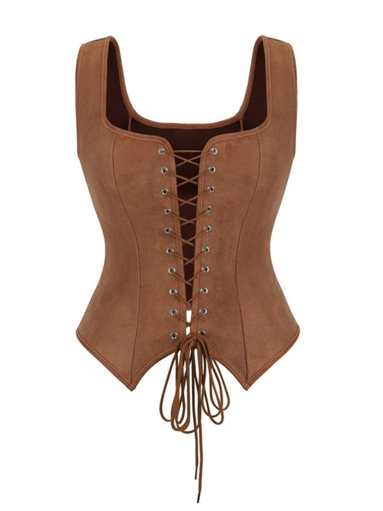 Brown 1950s Suede Lace-Up Corset Vest - vintage fashion, retro style