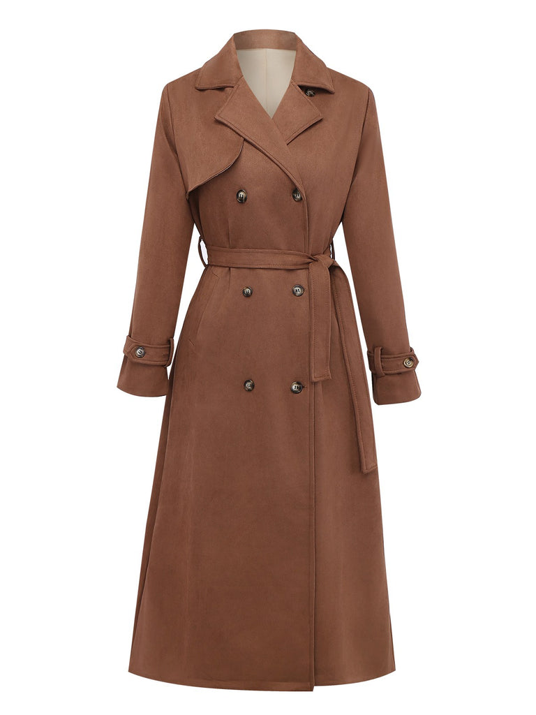 Brown 1950s Suede Lapel Double-Breasted Trench Coat - vintage fashion, retro style