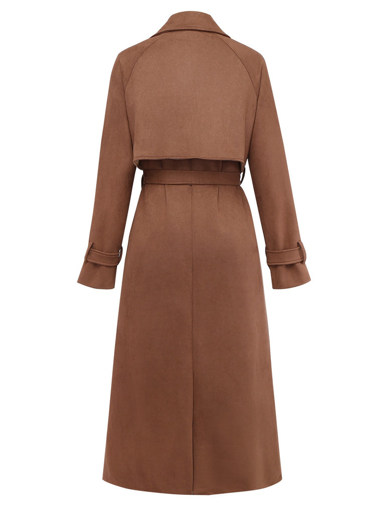 Brown 1950s Suede Lapel Double-Breasted Trench Coat - vintage fashion, retro style