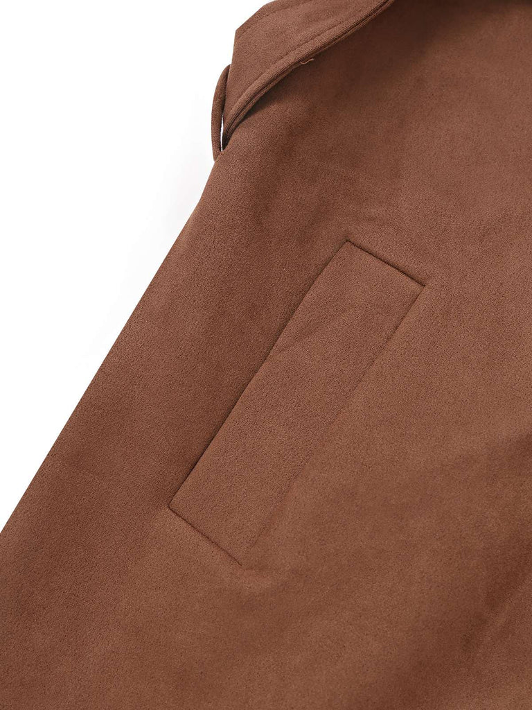 Brown 1950s Suede Lapel Double-Breasted Trench Coat - vintage fashion, retro style