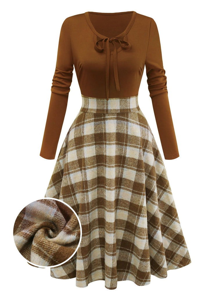 Brown 1950s Tie-Neck Knit Plaid Dress - vintage dress, retro fashion, rockabilly