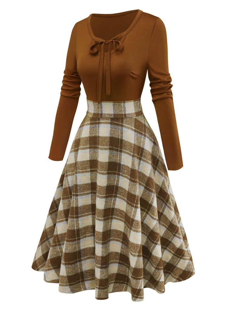 Brown 1950s Tie-Neck Knit Plaid Dress - vintage dress, retro fashion, rockabilly