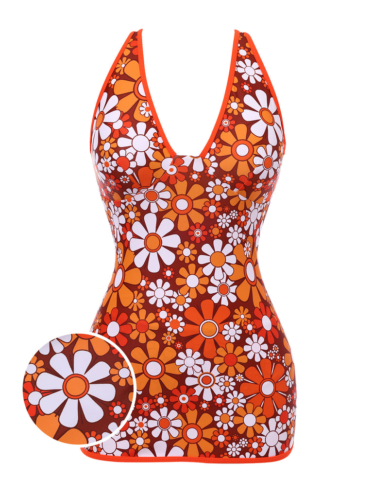 Brown 1960s Bohemian Psychedelic Floral One-Piece Swimsuit, classic vintage style summer beach collection - Image 1