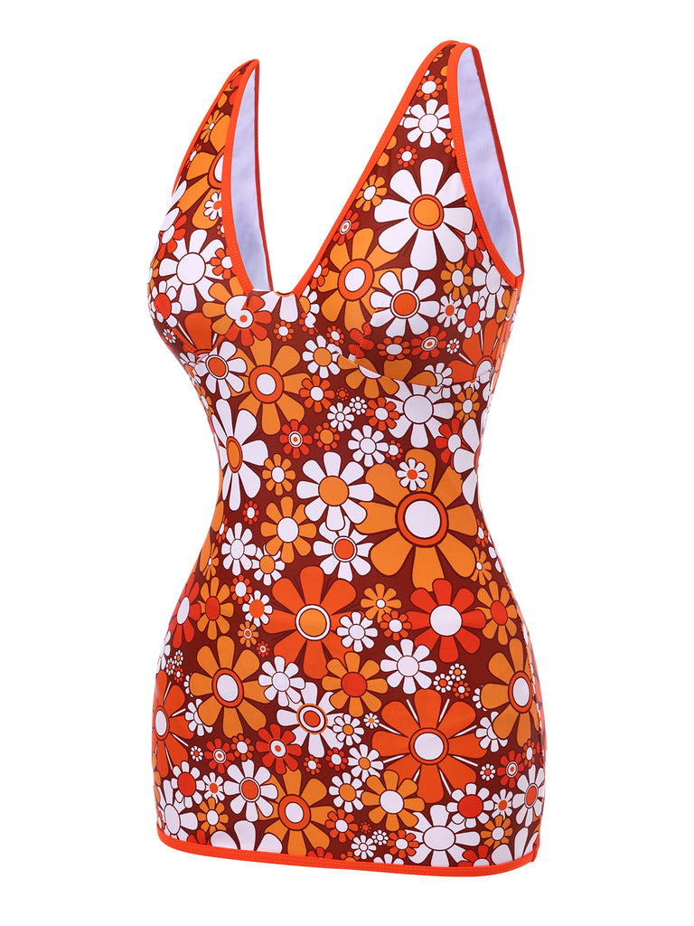 Brown 1960s Bohemian Psychedelic Floral One-Piece Swimsuit, classic vintage style summer beach collection - Image 3