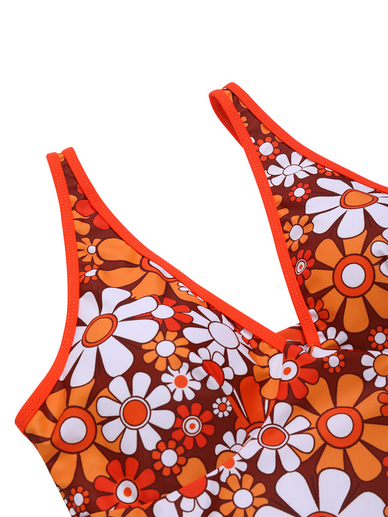 Brown 1960s Bohemian Psychedelic Floral One-Piece Swimsuit, classic vintage style summer beach collection - Image 5