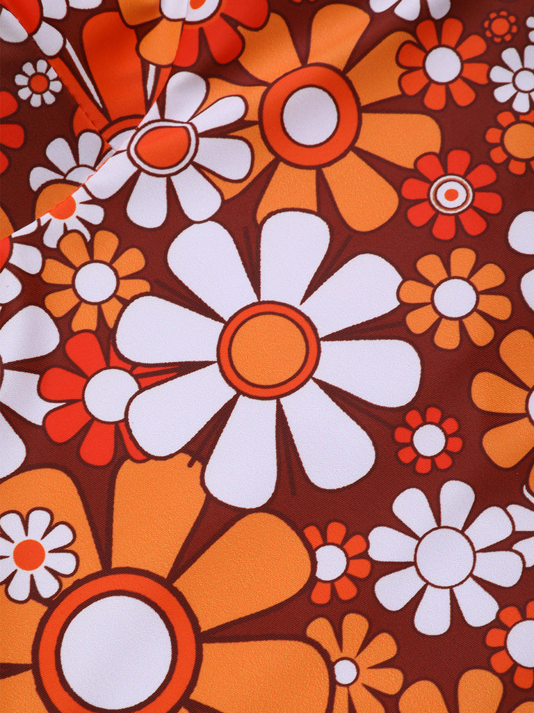 Brown 1960s Bohemian Psychedelic Floral One-Piece Swimsuit, classic vintage style summer beach collection - Image 6
