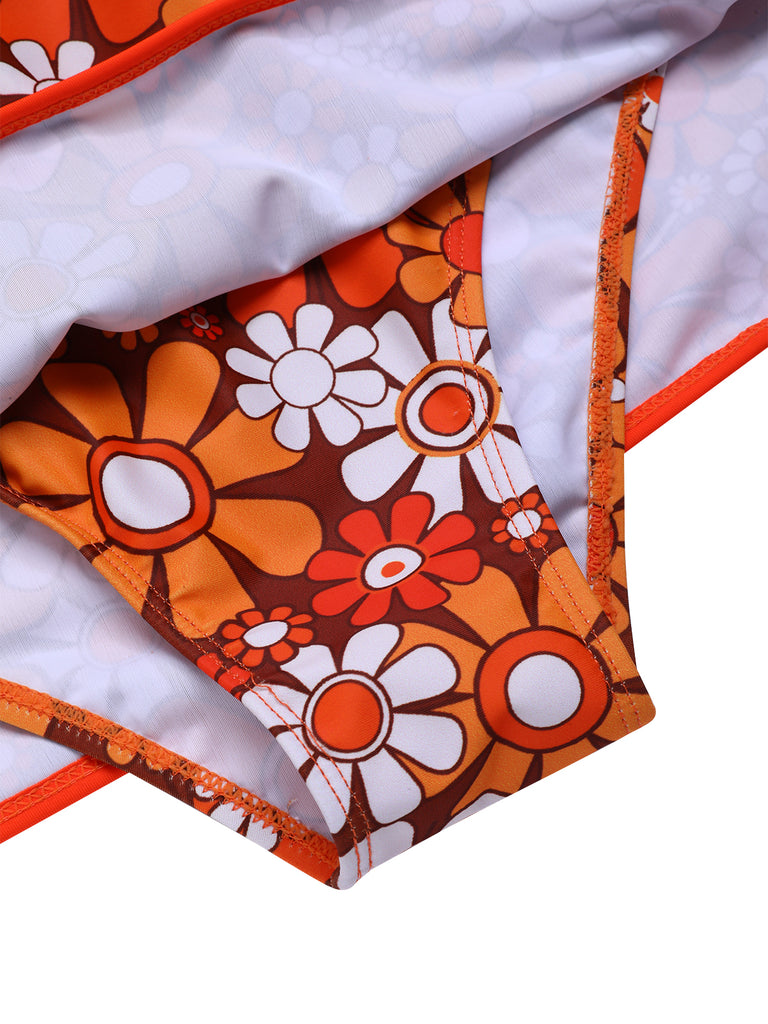 Brown 1960s Bohemian Psychedelic Floral One-Piece Swimsuit, classic vintage style summer beach collection - Image 7