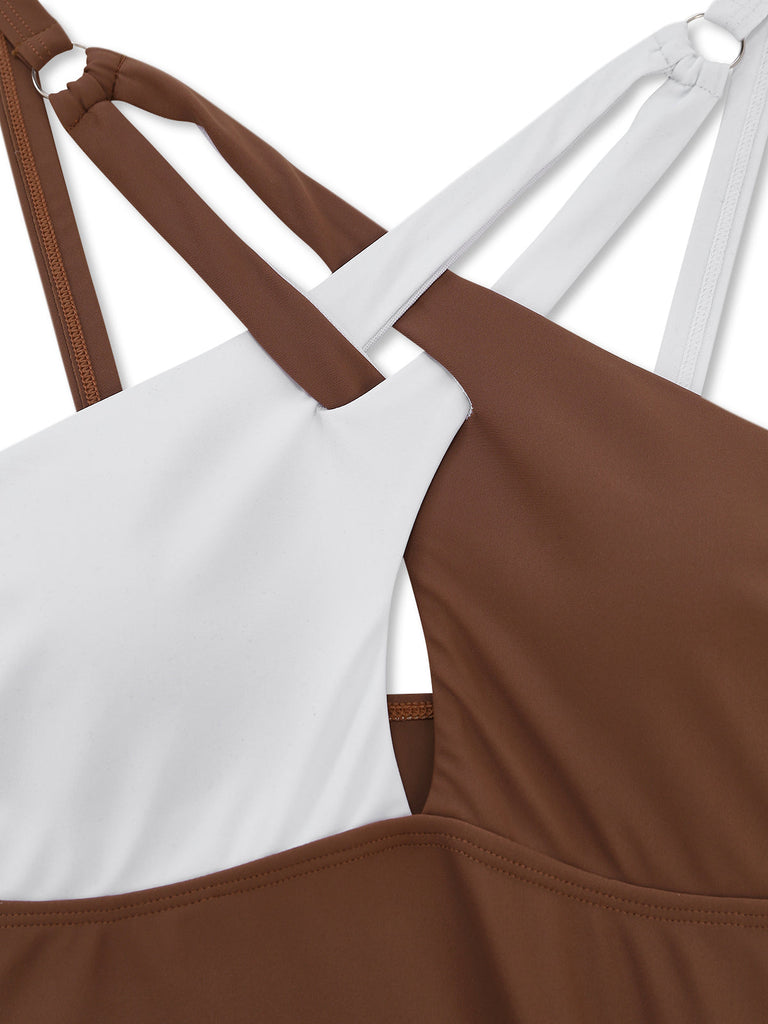 Brown 1960s Color Block Cross Front Tankini Swimsuit, vintage swimsuit, pin-up swimwear - perfect for women who love vintage and retro fashion