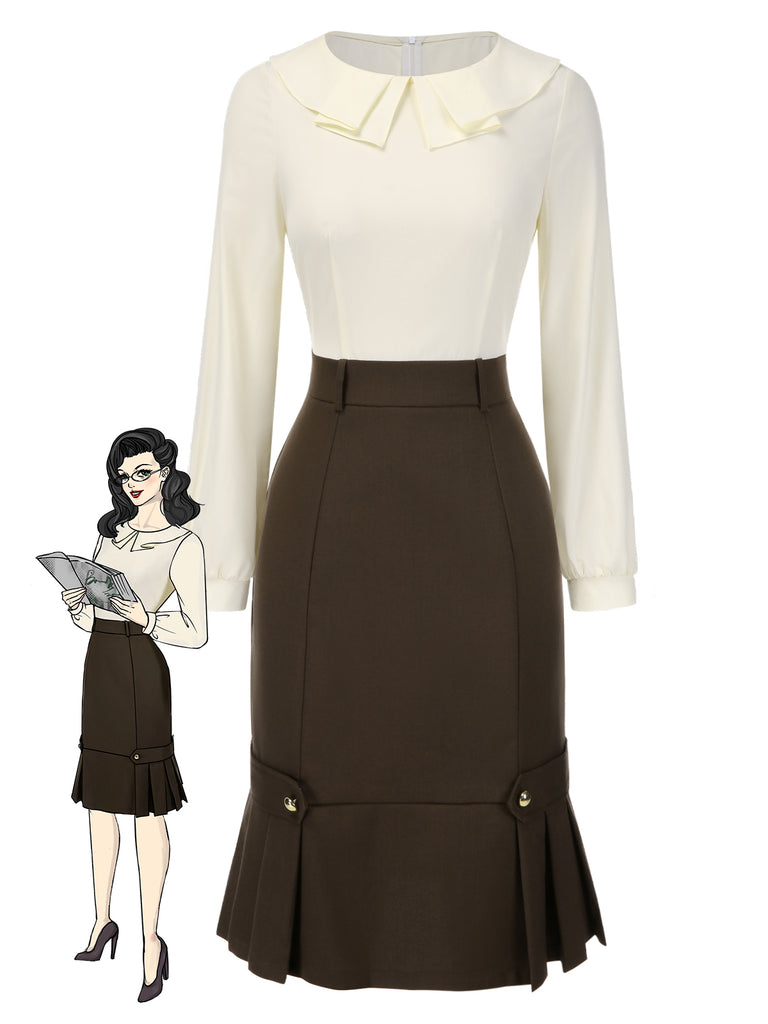 Brown 1960s Contrast Collar Long Sleeve Pencil Dress, vintage dress, retro fashion - perfect for women who love vintage and retro fashion