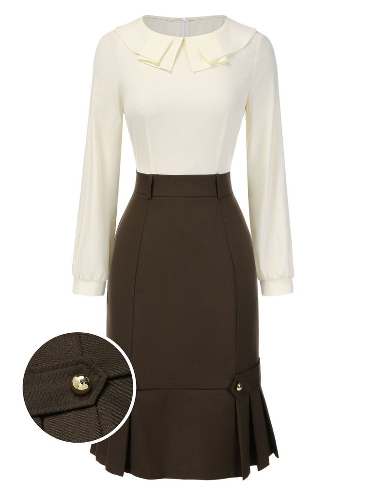 Brown 1960s Contrast Collar Long Sleeve Pencil Dress, vintage dress, retro fashion - perfect for women who love vintage and retro fashion