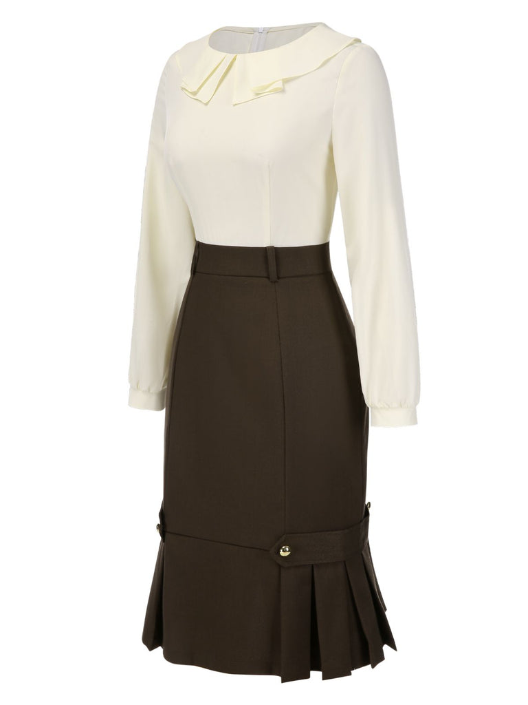 Brown 1960s Contrast Collar Long Sleeve Pencil Dress, vintage dress, retro fashion - perfect for women who love vintage and retro fashion