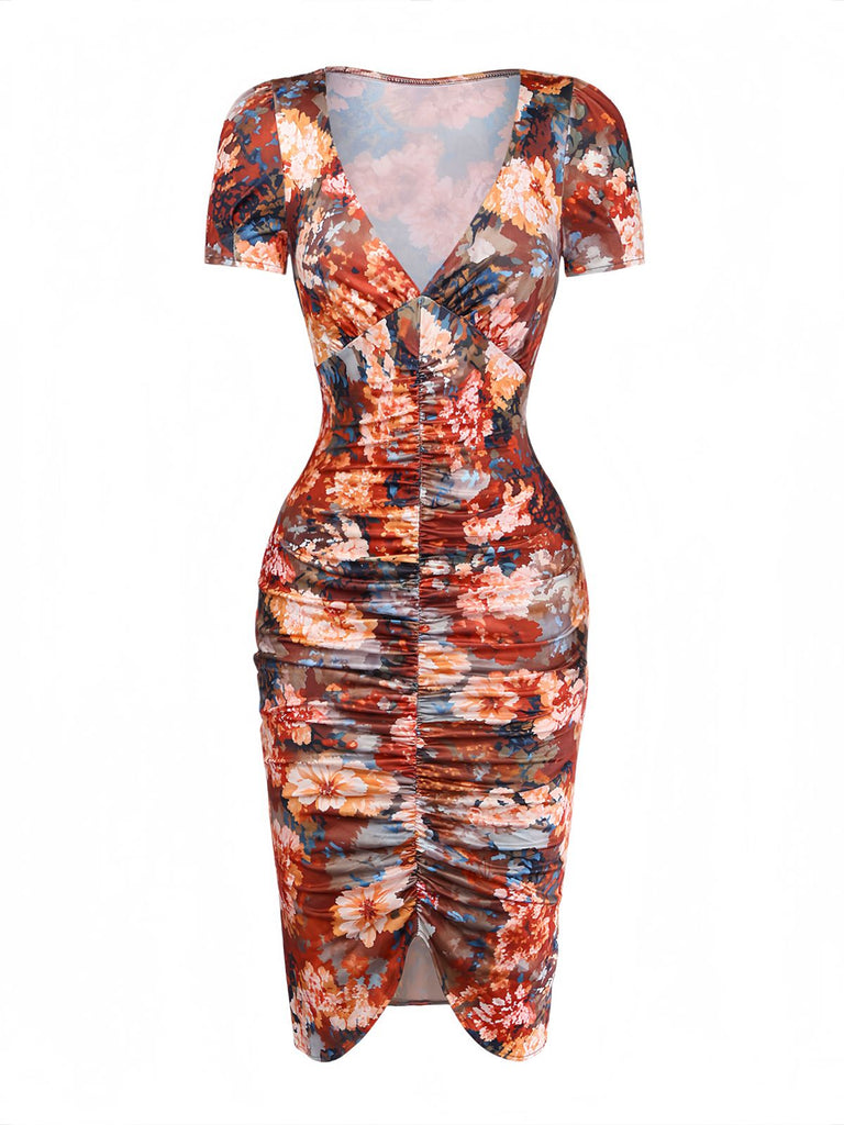 Light Brown 1960s Floral V Neck Dress 8