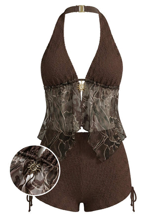 Brown-1960s-Halter-Sheer-Embroidered-Mesh-Tankini-Set, vintage, retro, swimwear