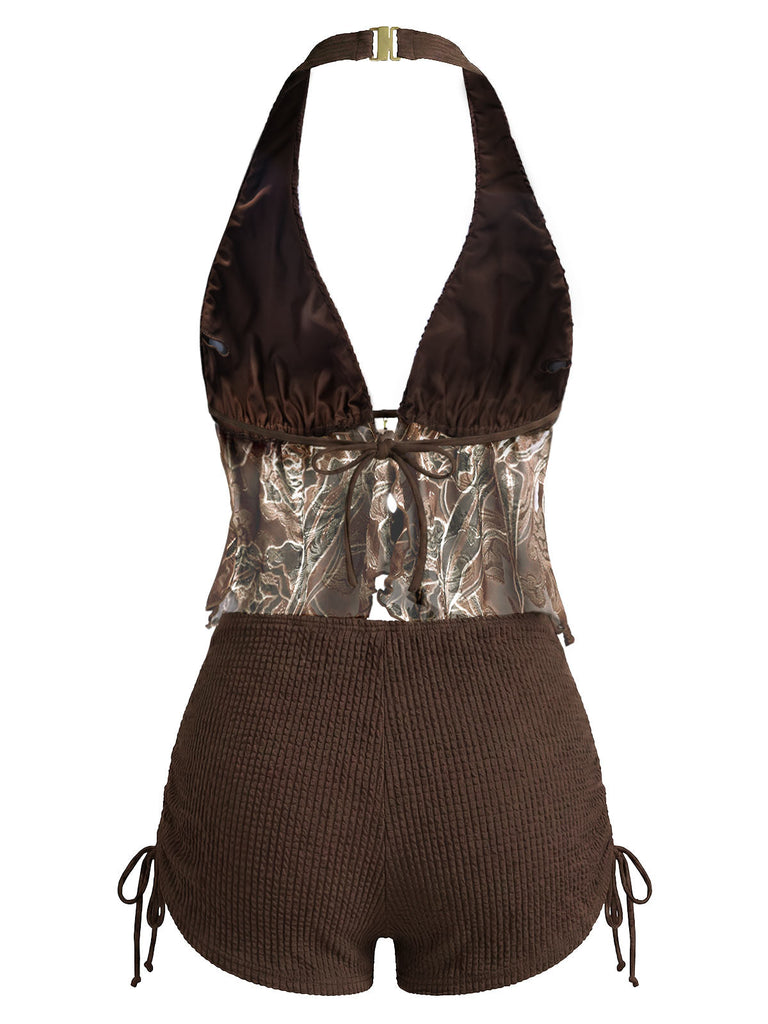 Brown-1960s-Halter-Sheer-Embroidered-Mesh-Tankini-Set, vintage, retro, swimwear