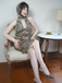 Brown 1960s Halter V-Neck Leopard Dress - vintage dress, retro fashion
