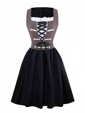 Brown 1960s Pirate Lace-Up Square-Neck Corset Dress - vintage dress, retro fashion