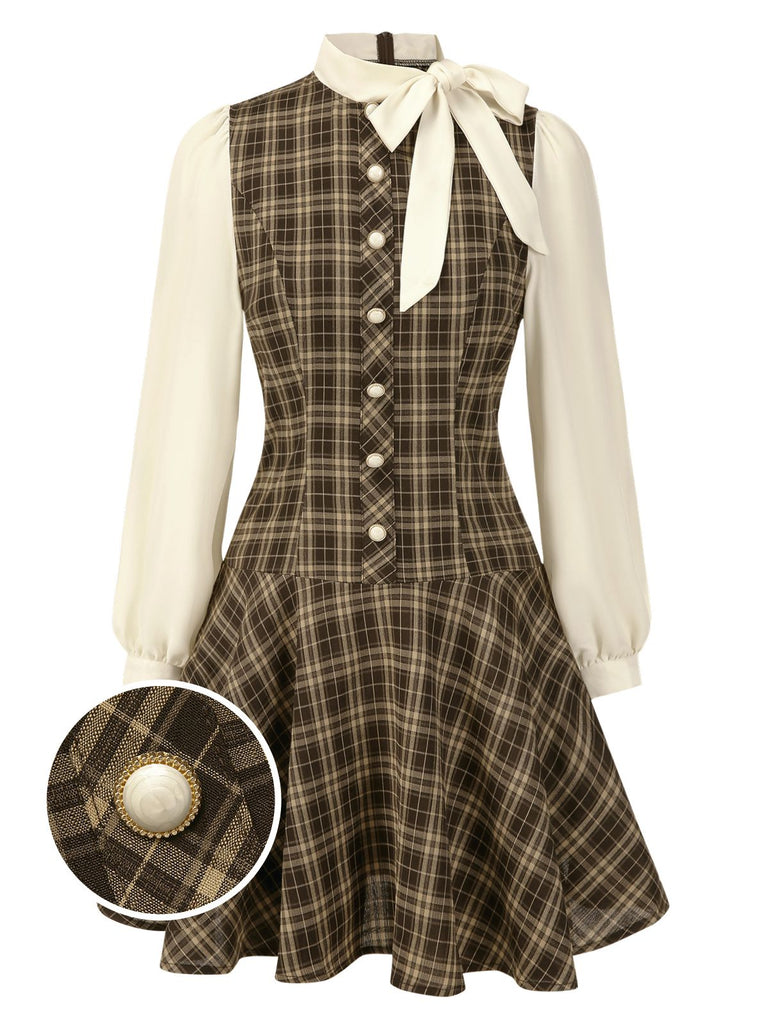 Brown 1960s Plaid Bow Tie Button Swing Dress, vintage dress, retro fashion, rockabilly, pin-up fashion - perfect for women who love vintage and retro fashion