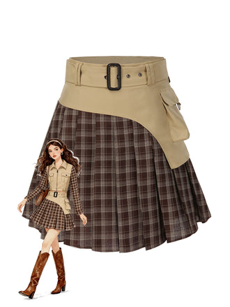 Brown 1960s Plaid Patchwork Belted Pleated Skirt - vintage skirt, retro style