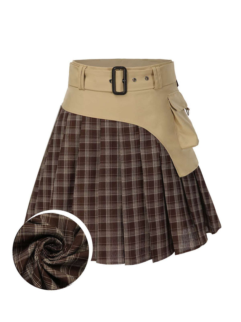 Brown 1960s Plaid Patchwork Belted Pleated Skirt - vintage skirt, retro style