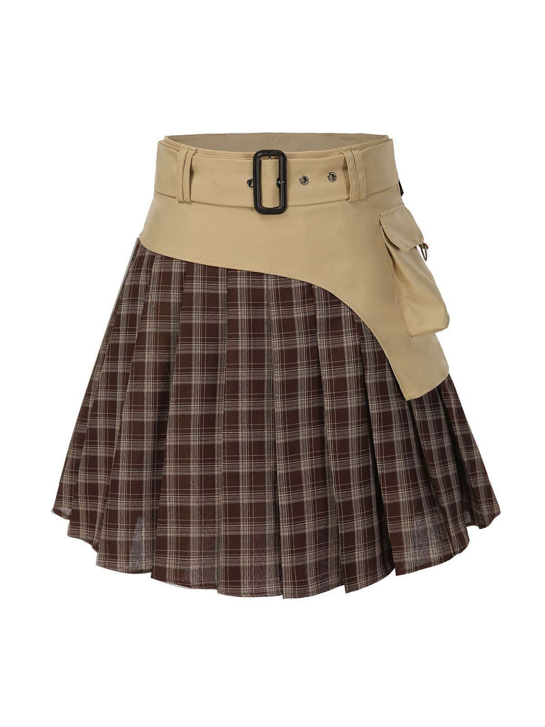 Brown 1960s Plaid Patchwork Belted Pleated Skirt - vintage skirt, retro style
