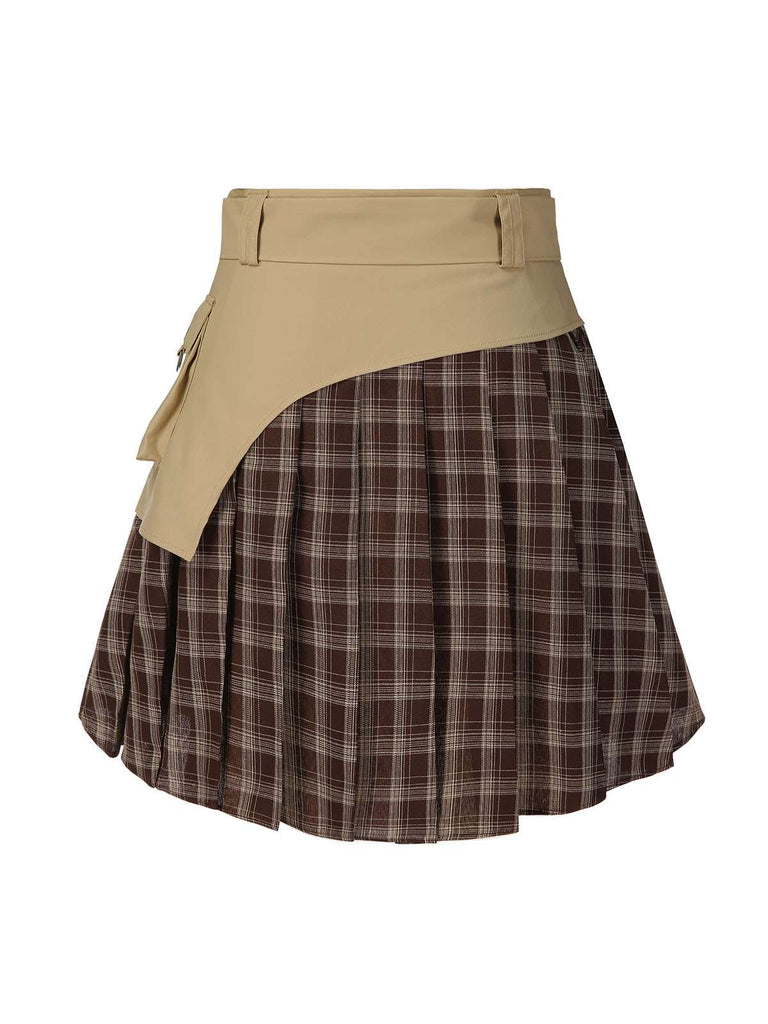 Brown 1960s Plaid Patchwork Belted Pleated Skirt - vintage skirt, retro style