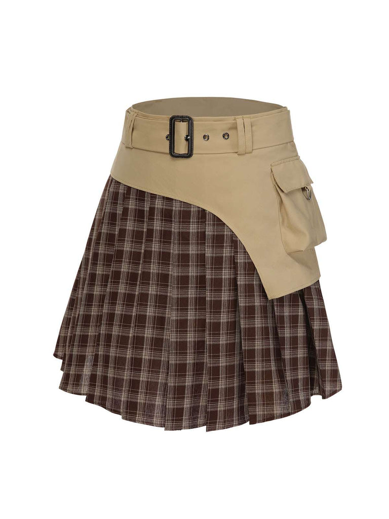 Brown 1960s Plaid Patchwork Belted Pleated Skirt - vintage skirt, retro style