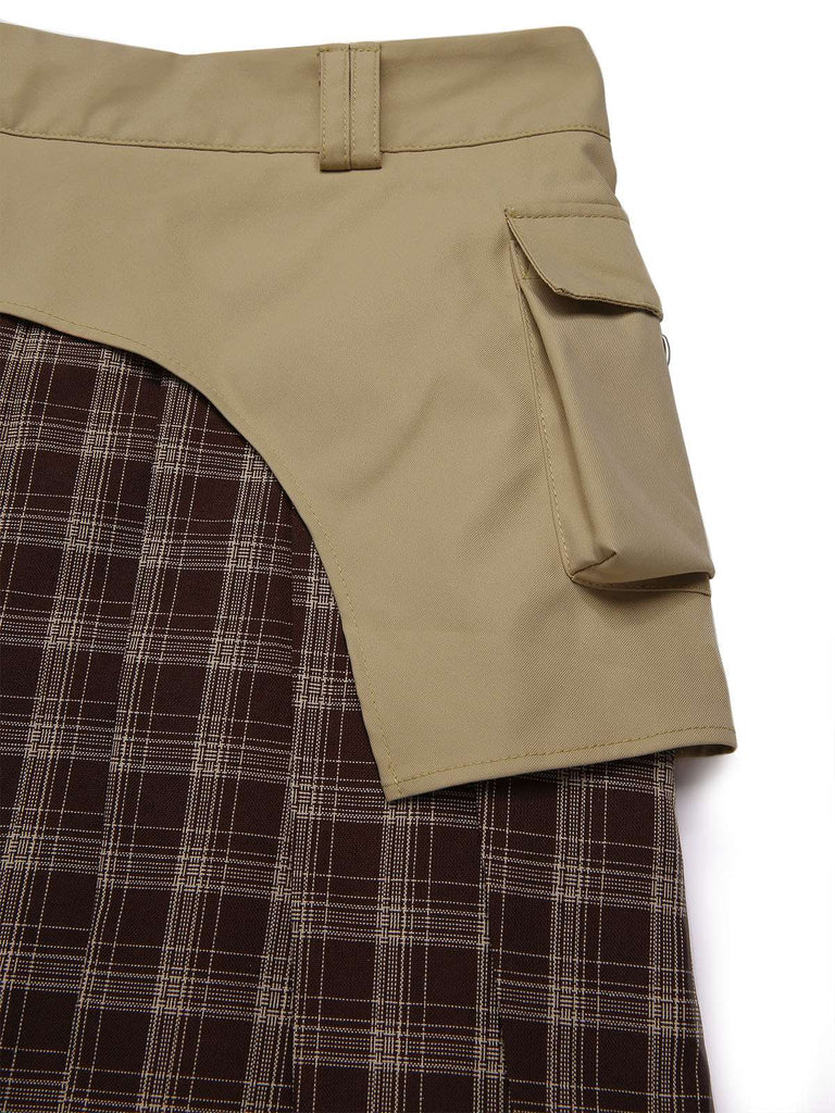 Brown 1960s Plaid Patchwork Belted Pleated Skirt - vintage skirt, retro style