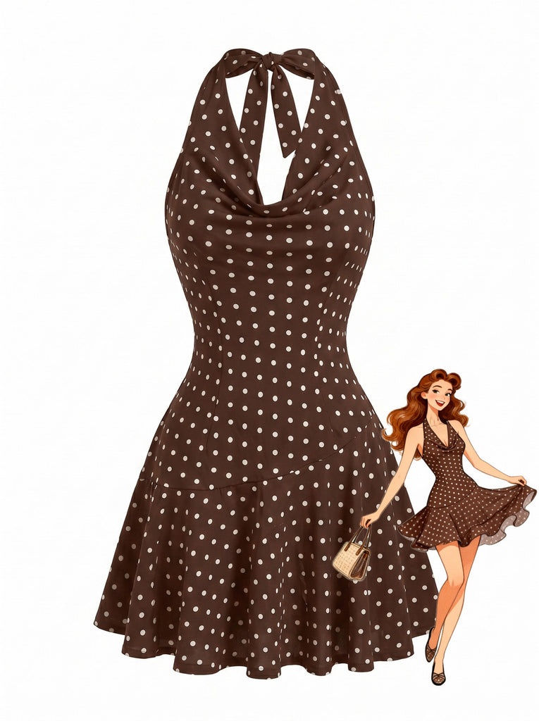 Dark Brown 1960s Polka Dot Halter Backless Dress, vintage dress, retro fashion - perfect for women who love vintage and retro fashion