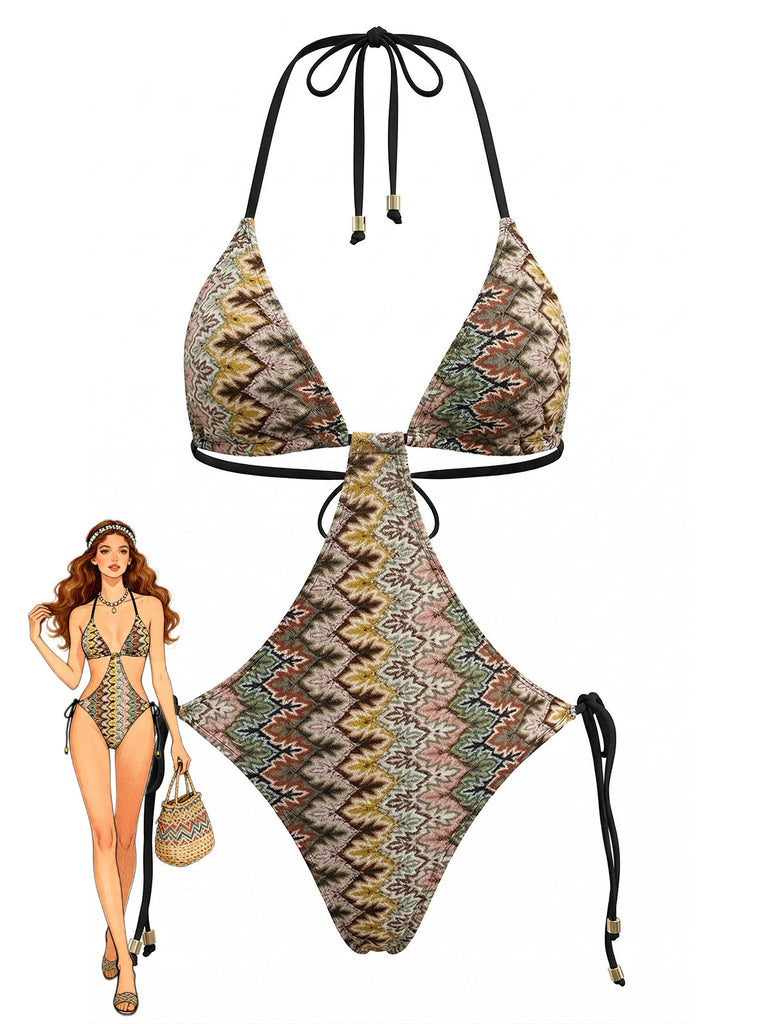 Brown 1970s Boho Chevron Print Ruched One-Piece Swimsuit - vintage swimsuit, pin-up swimwear for vintage lovers