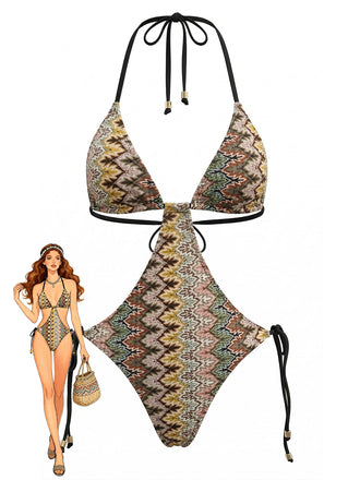 Brown 1970s Boho Chevron Print Ruched One-Piece Swimsuit - vintage swimsuit, pin-up swimwear for vintage lovers