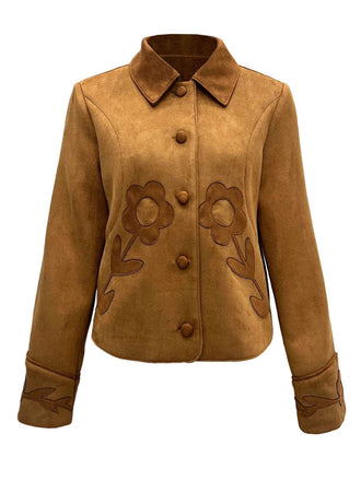Brown 1970s Floral Suede Button Jacket - vintage fashion, retro style