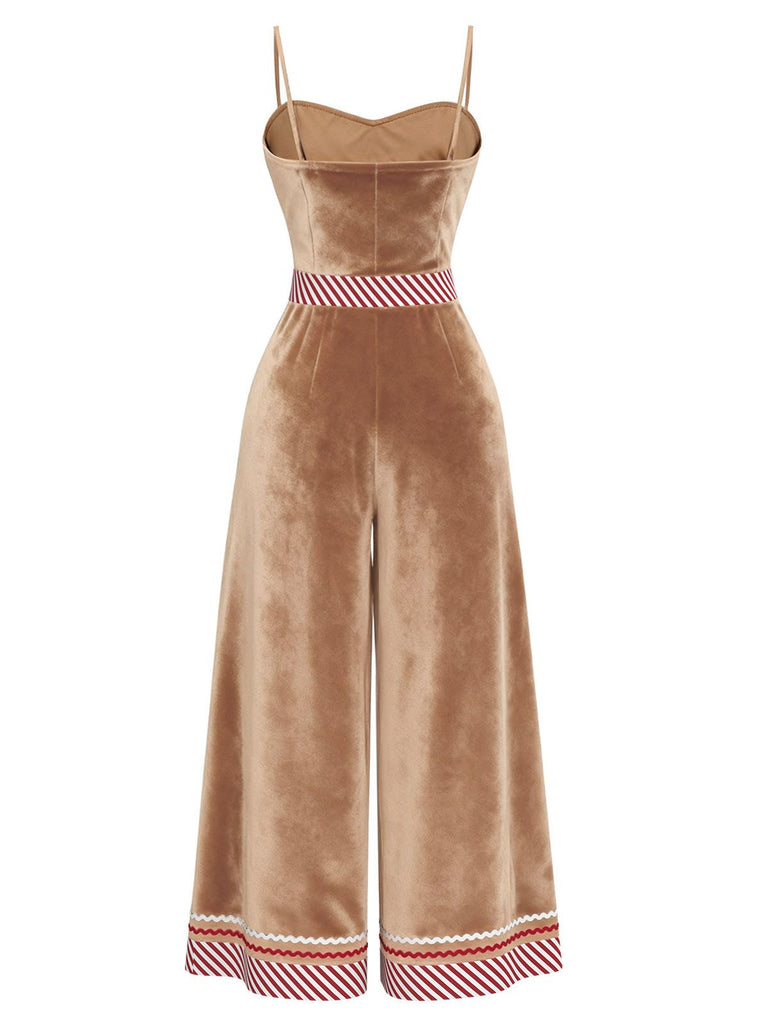 Brown 1970s Gingerbread Velvet Strap Jumpsuit - vintage jumpsuit, retro fashion
