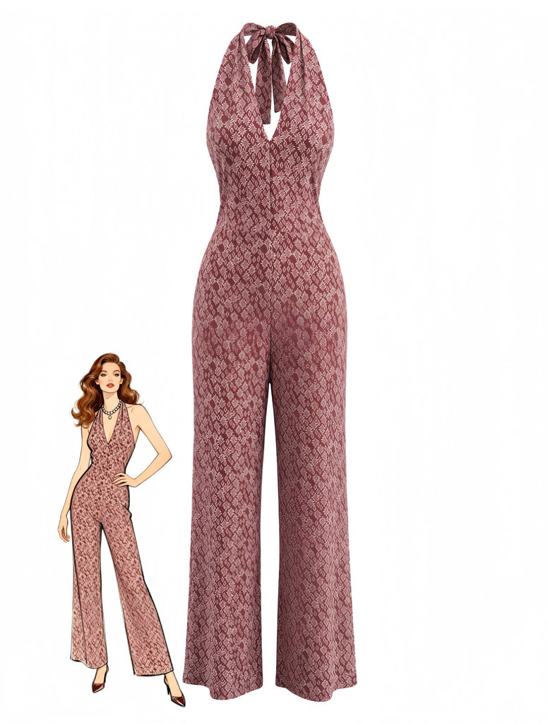 Brown 1970s Floral V Neck Jumpsuit