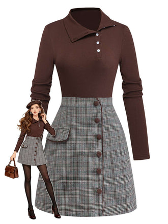 Brown 1970s Knitted Plaid Asymmetrical Neck Dress - vintage dress, retro fashion