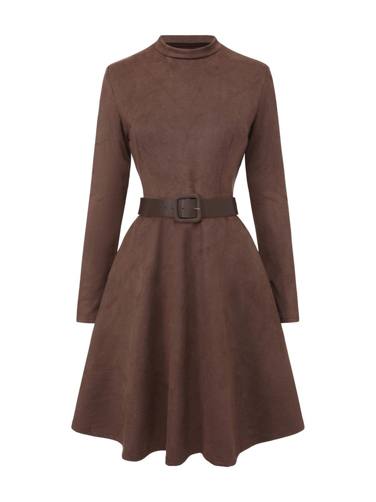 Brown 1970s Long Sleeve Round Neck Dress With Belt - vintage dress, retro fashion