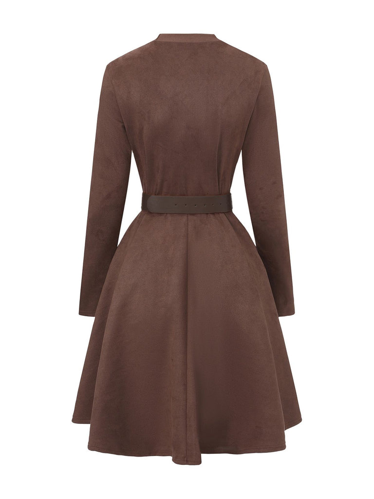 Brown 1970s Long Sleeve Round Neck Dress With Belt - vintage dress, retro fashion