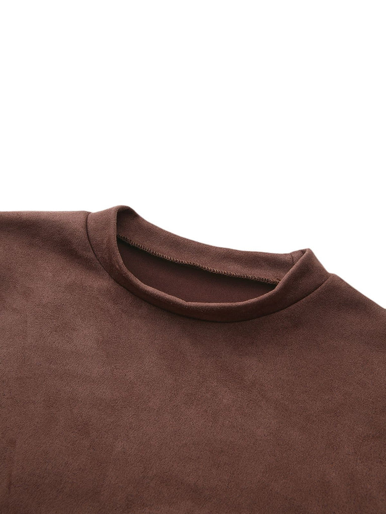 Brown 1970s Long Sleeve Round Neck Dress With Belt - vintage dress, retro fashion