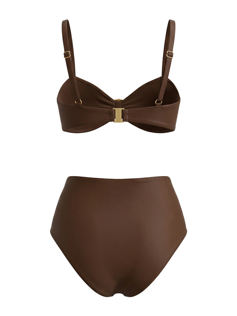 Brown 1970s Metal Shell Decor Ruched Bikini Set - vintage fashion, retro style