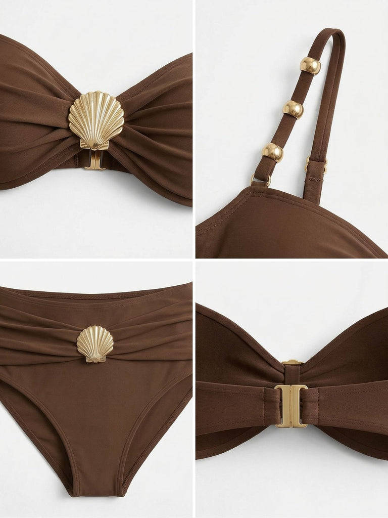 Brown 1970s Metal Shell Decor Ruched Bikini Set - vintage fashion, retro style