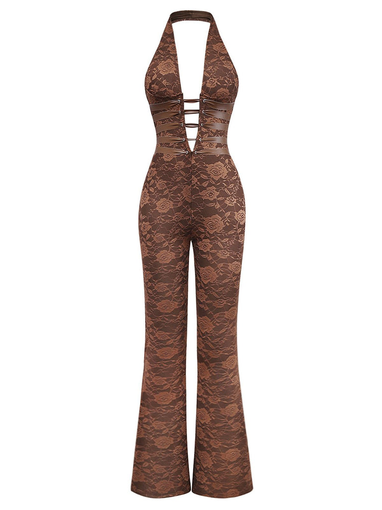 Brown 1970s Solid Lace-Up Floral Lace Jumpsuit - vintage jumpsuit, retro fashion