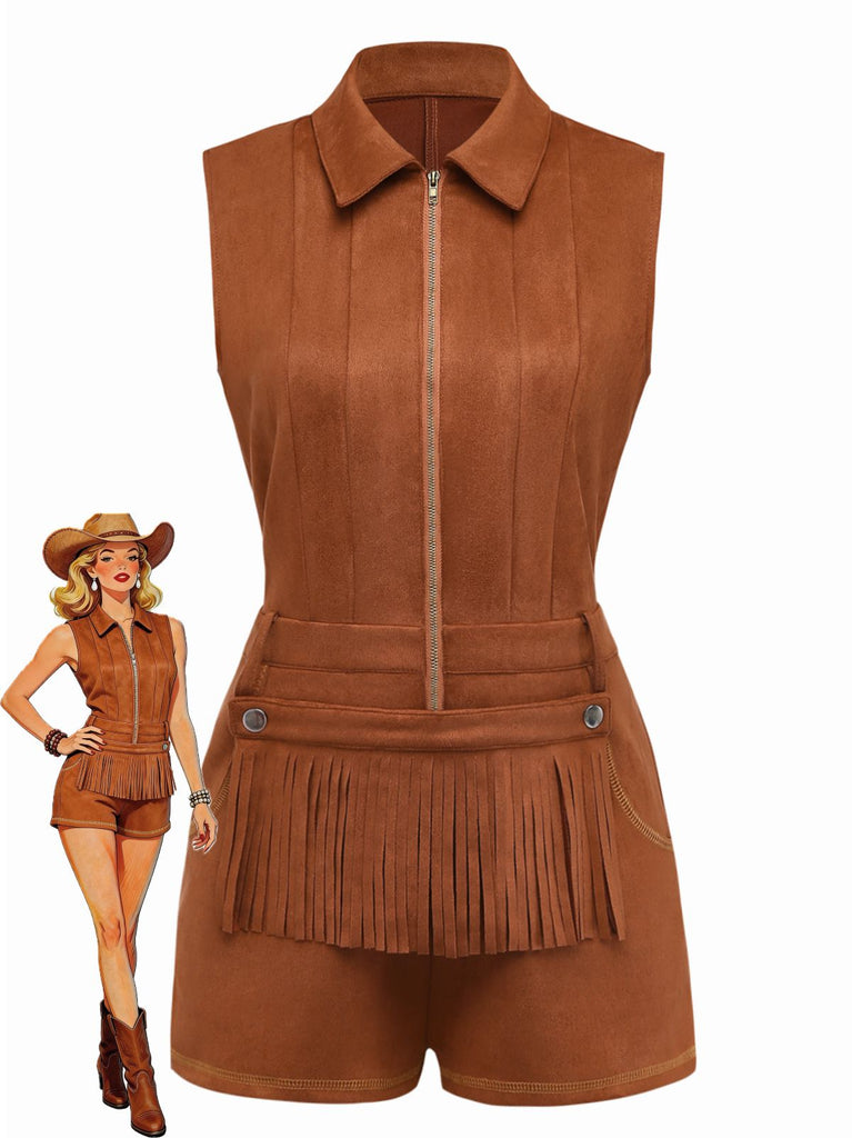 Brown 1970s Western Cowboy Suede Fringe Sleeveless Romper - vintage romper, retro jumpsuit for vintage lovers