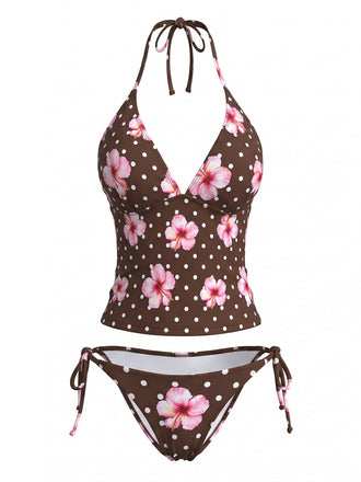 Brown 1980s Floral Polka Dot Halter Bikini Set, vintage swimsuit, pin-up swimwear - perfect for women who love vintage and retro fashion